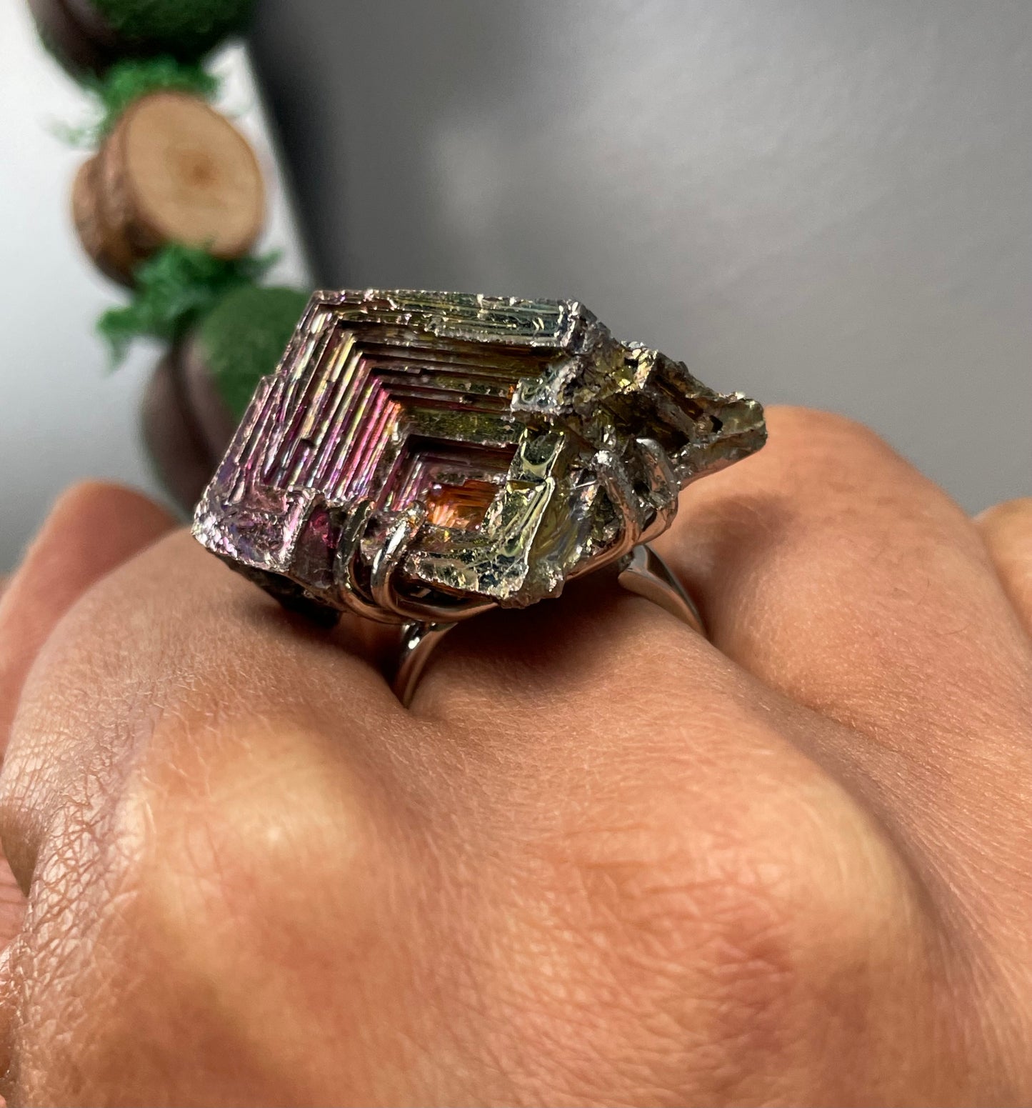 Bismuth Crystal Metal Art Silver Ring