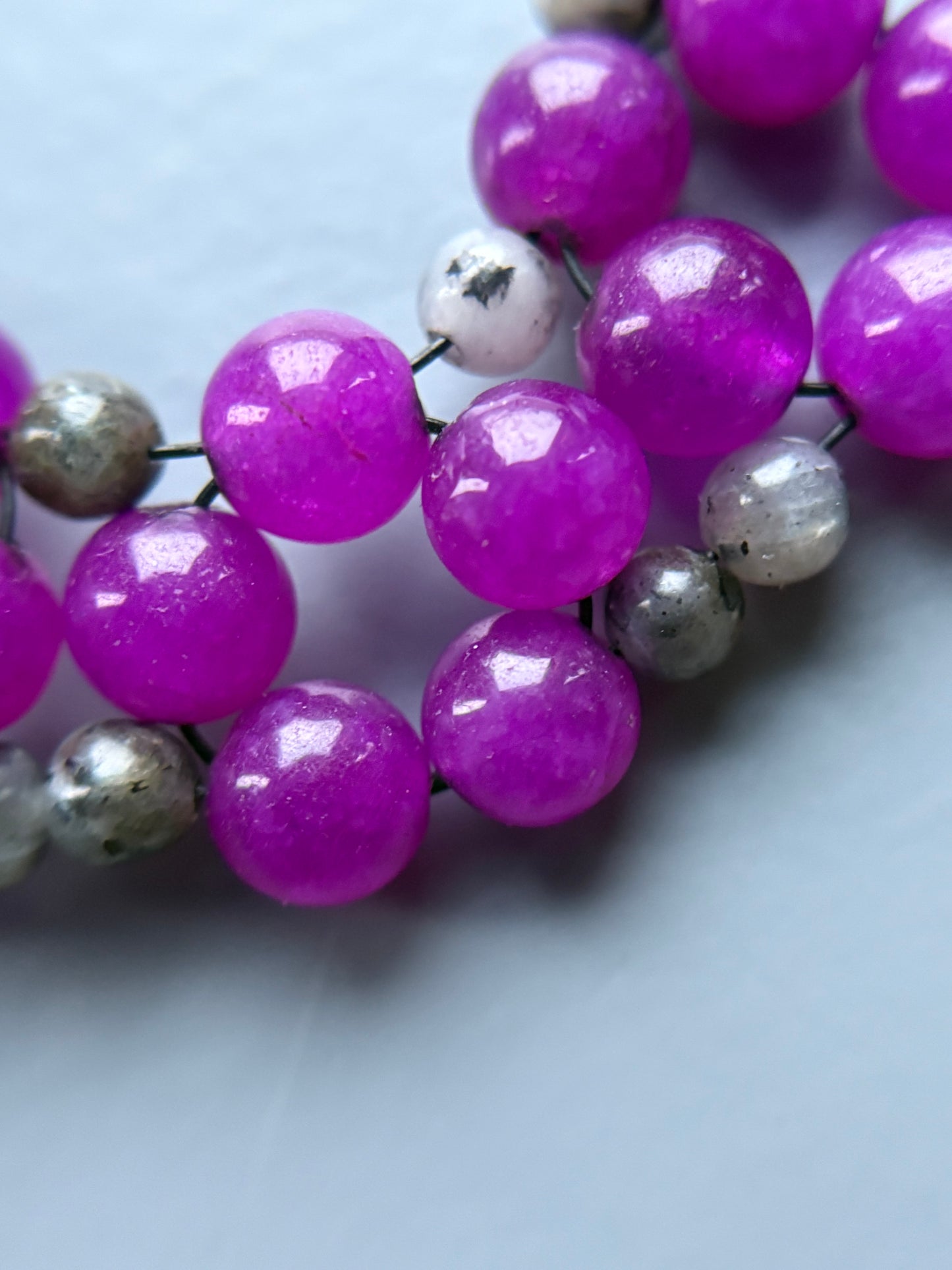 Purple Quartz & Larvikite (black moonstone) Gemstone Beaded Collar Necklace