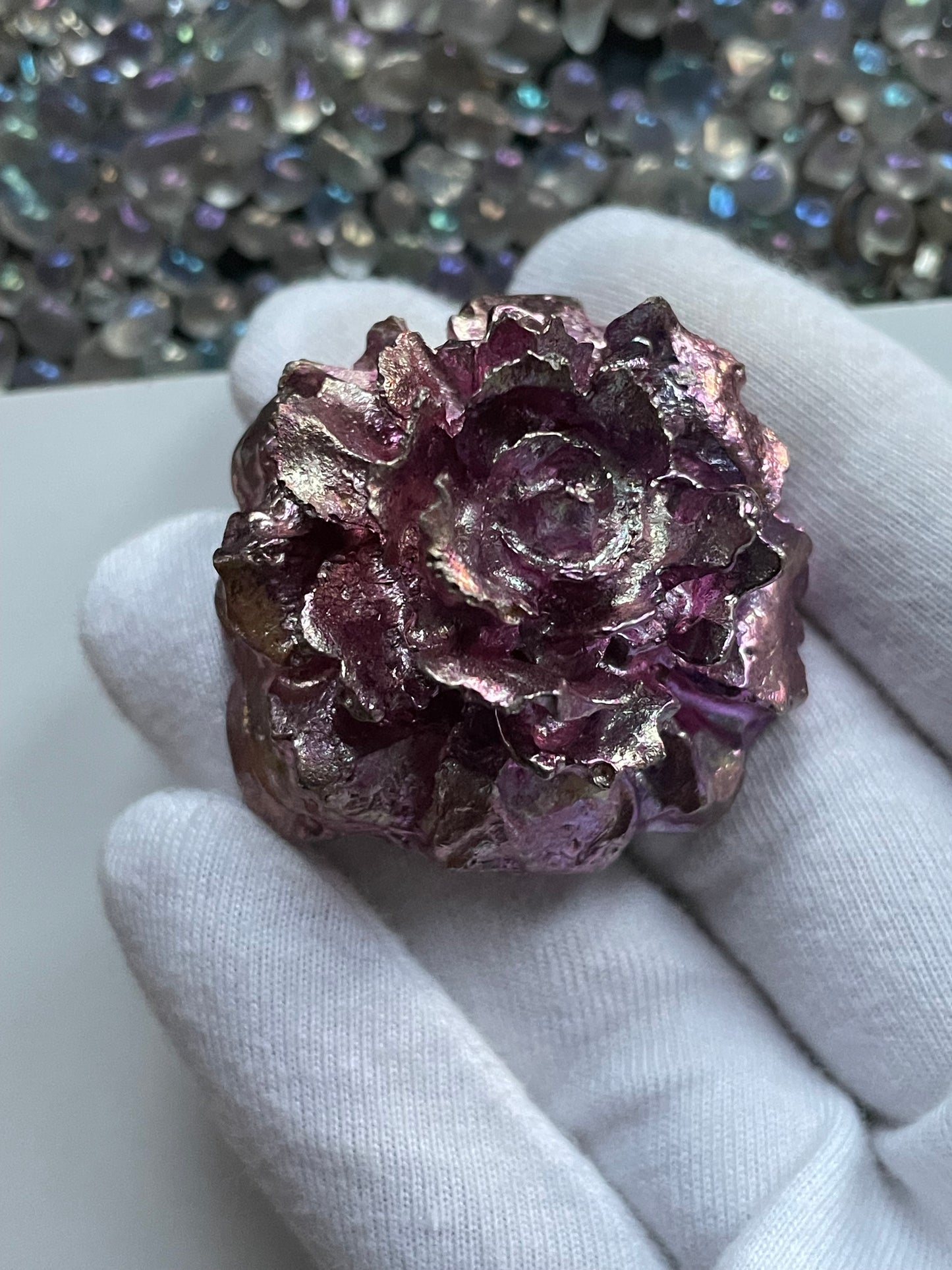 Pink Bismuth Crystal Small Rose Flower Metal Art Sculpture