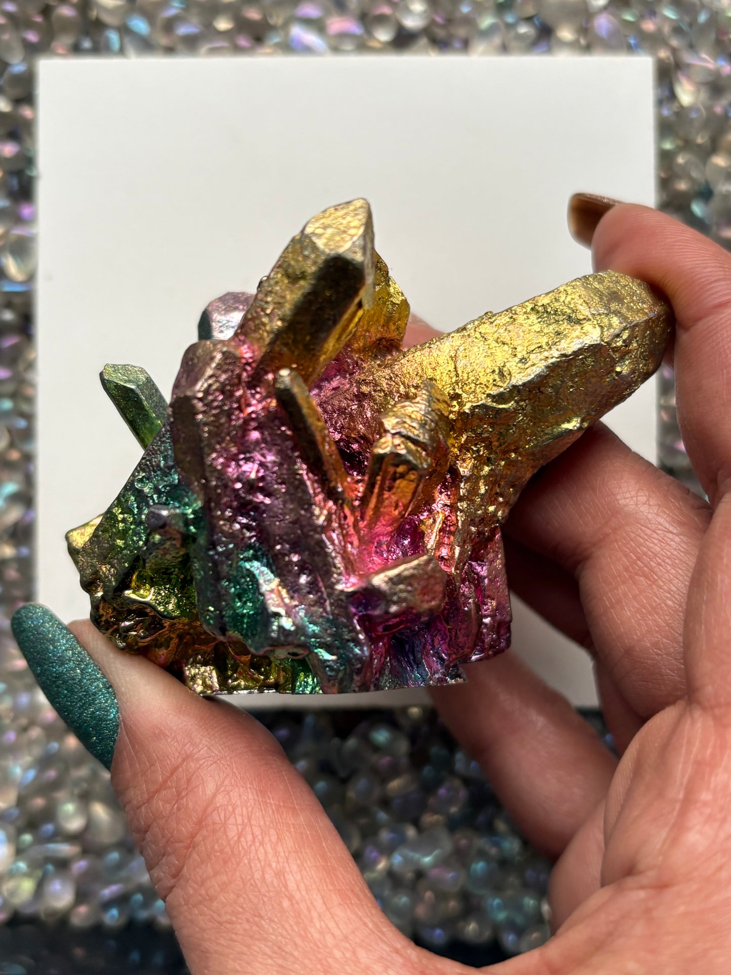 Rainbow Bismuth Crystal Quartz Cluster Metal Art Sculpture