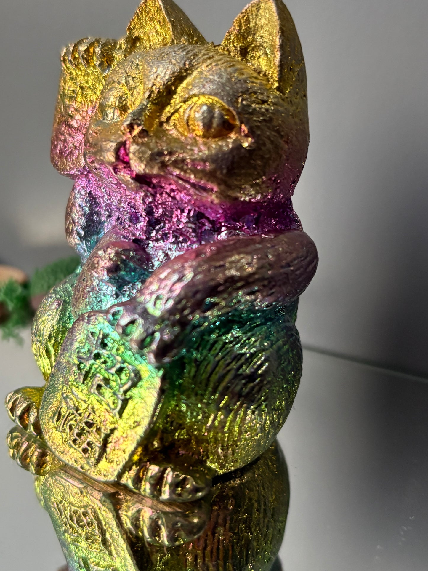 Rainbow Bismuth Crystal Lucky Cat Metal Art Sculpture