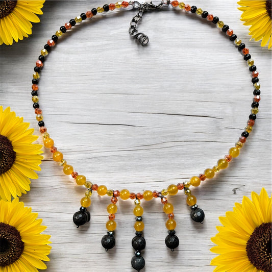 Sunflower - Mango & Black Quartz Crystal Beaded Gemstone Necklace