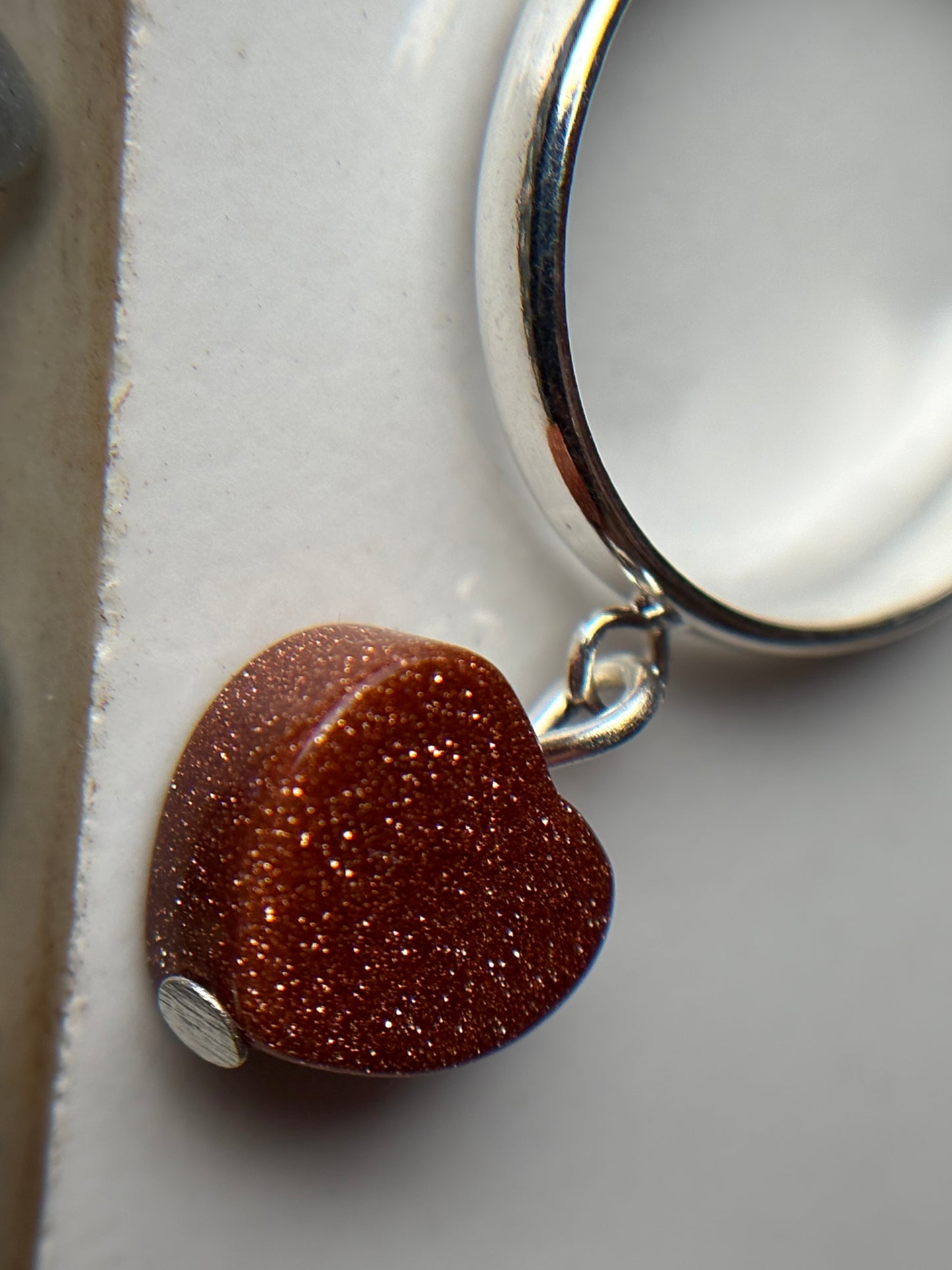 Goldstone Heart Crystal Carving Charm Silver Ring