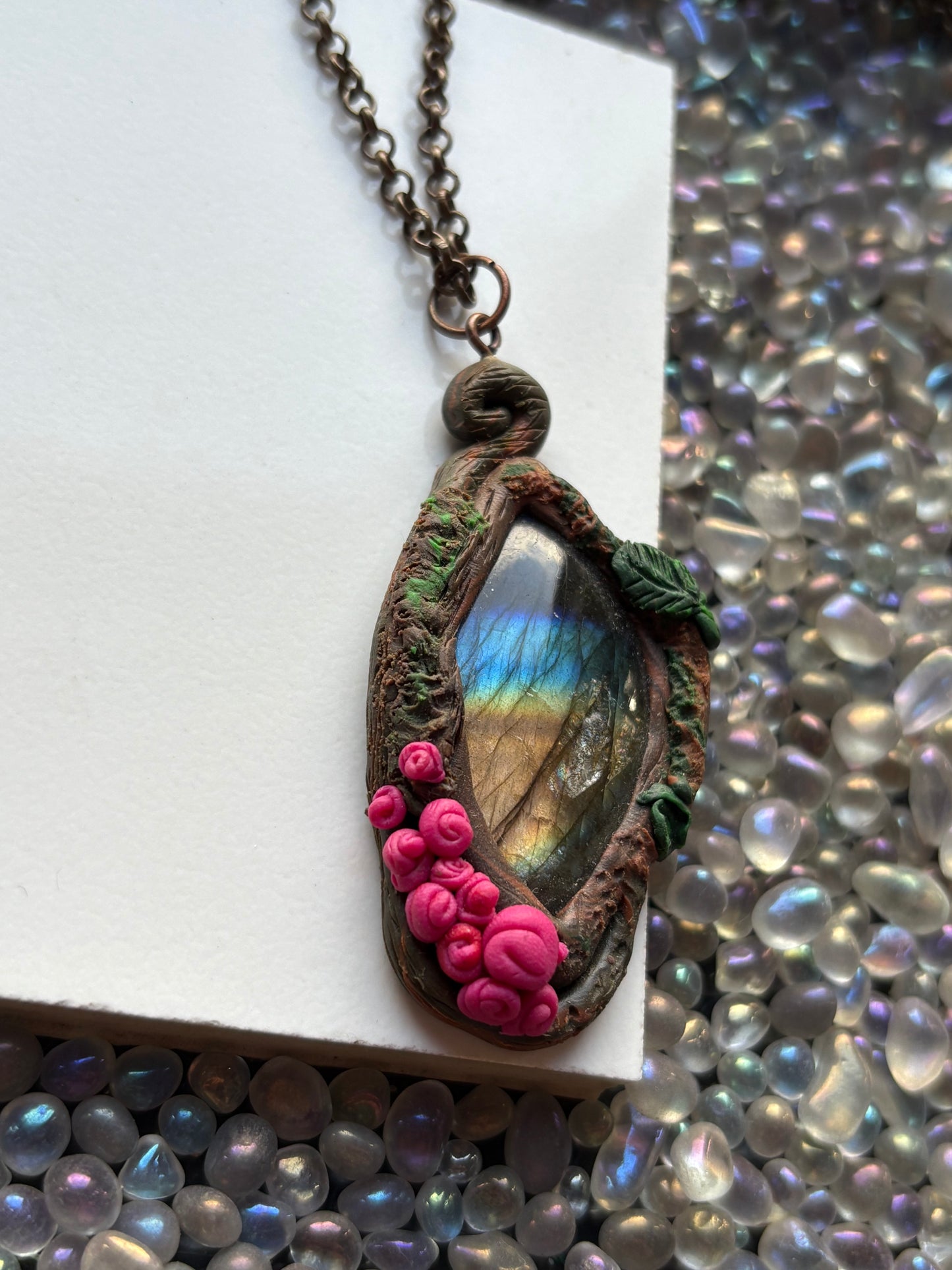 Labradorite Crystal Gemstone Enchanted Rose Clay Pendant Necklace