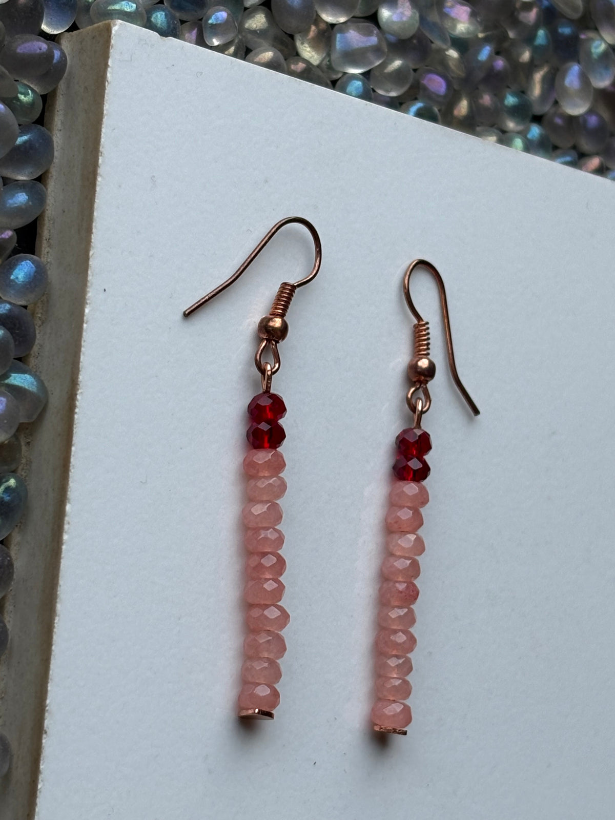 Peach Quartzite Gemstone Rondelle & Red Crystal Rose gold Earrings