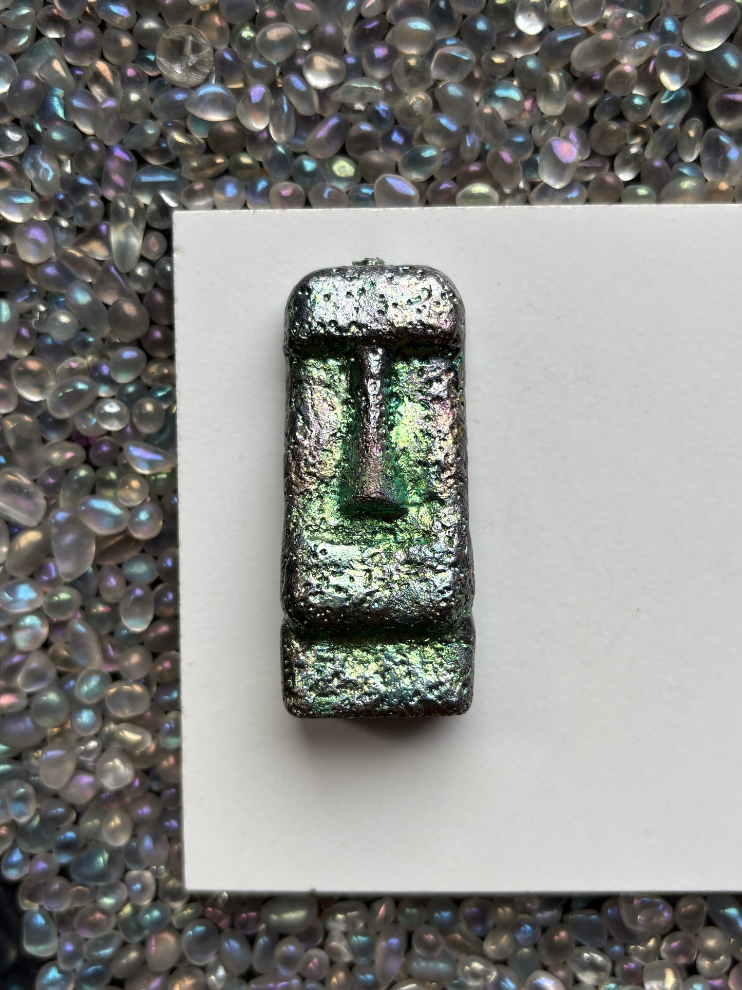 Teal Green Bismuth Crystal Moai Head Easter Island Metal Art Sculpture