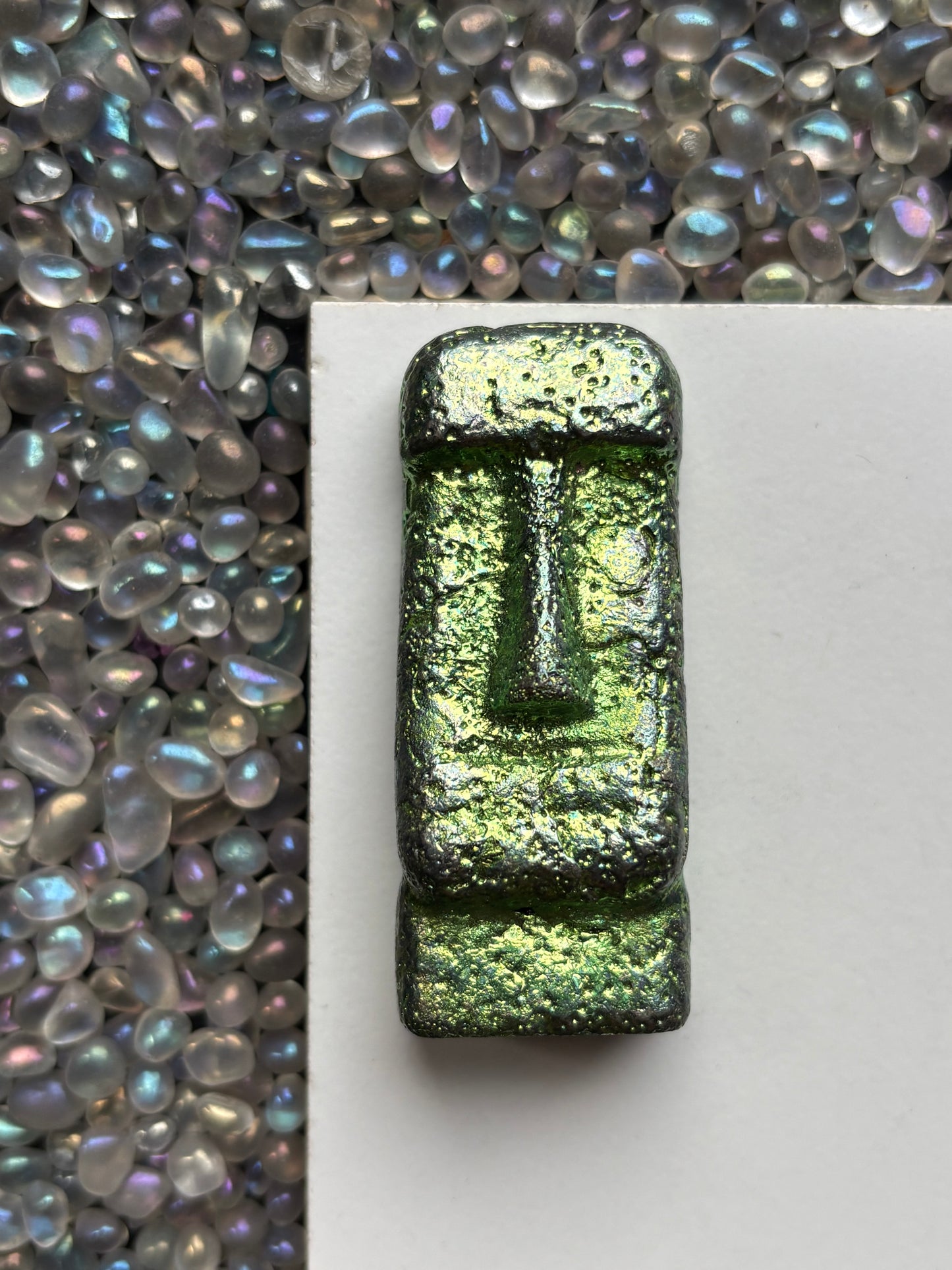 Green Bismuth Crystal Moai Head Easter Island Metal Art Sculpture