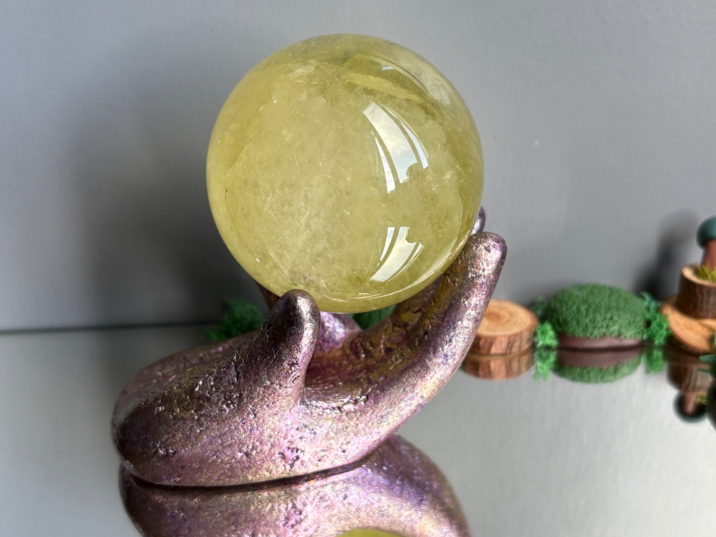 Pink Bismuth Crystal Hand Sphere Holder Metal Art Sculpture