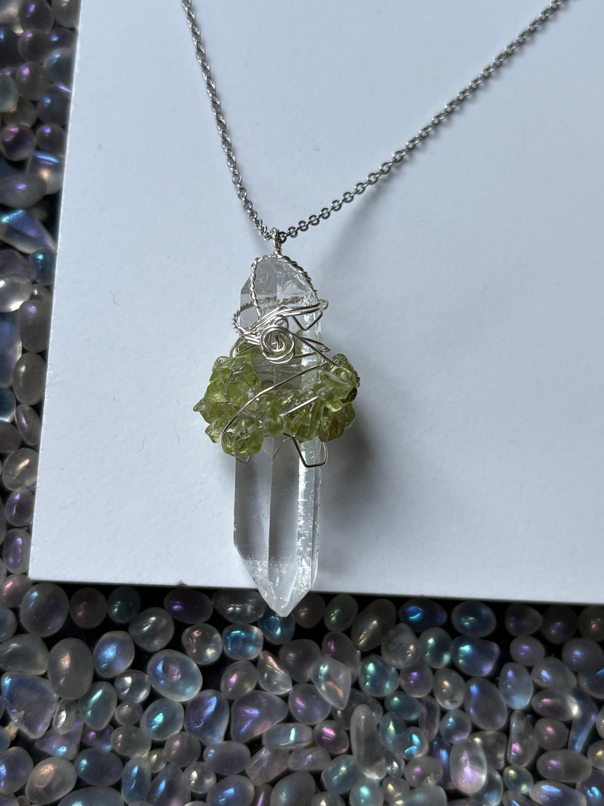 Lemurian Quartz & Peridot Crystal Gemstone Wire Wrap Necklace - Silver
