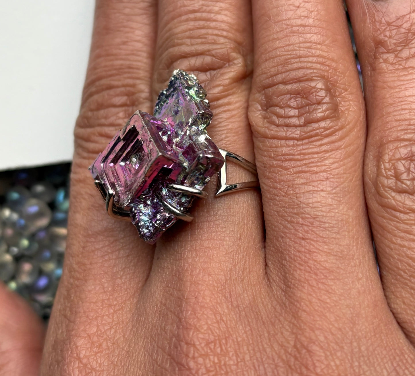 Bismuth Rose Crystal Metal Art Silver Ring