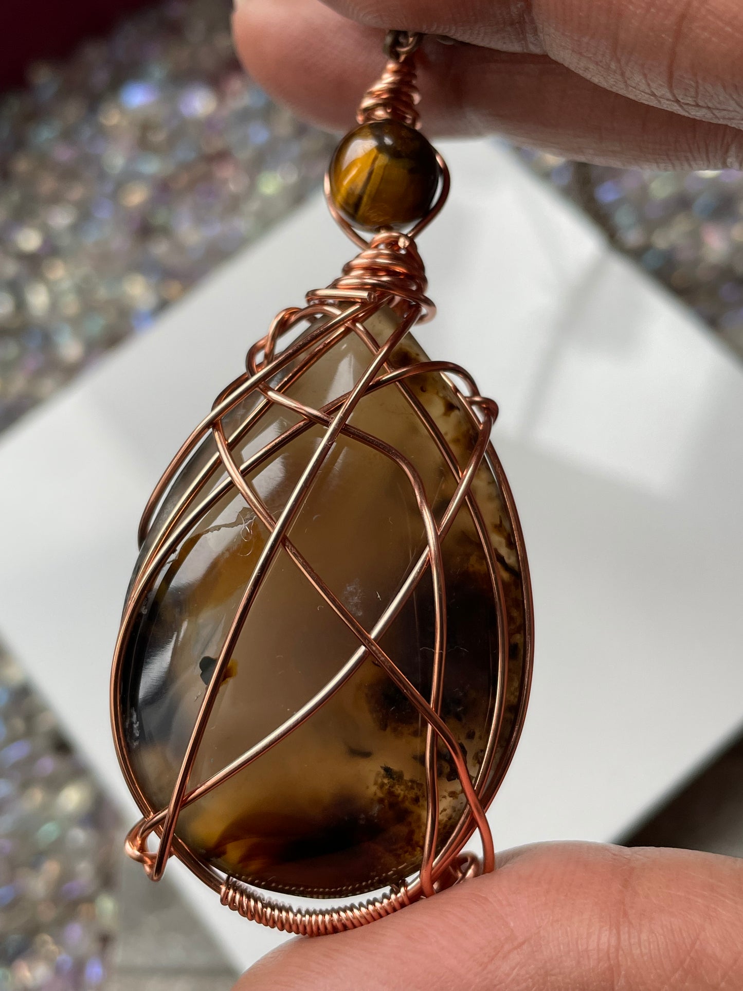 Dendritic Agate & Tigers Eye Crystal Gemstone Wire Wrapped Necklace