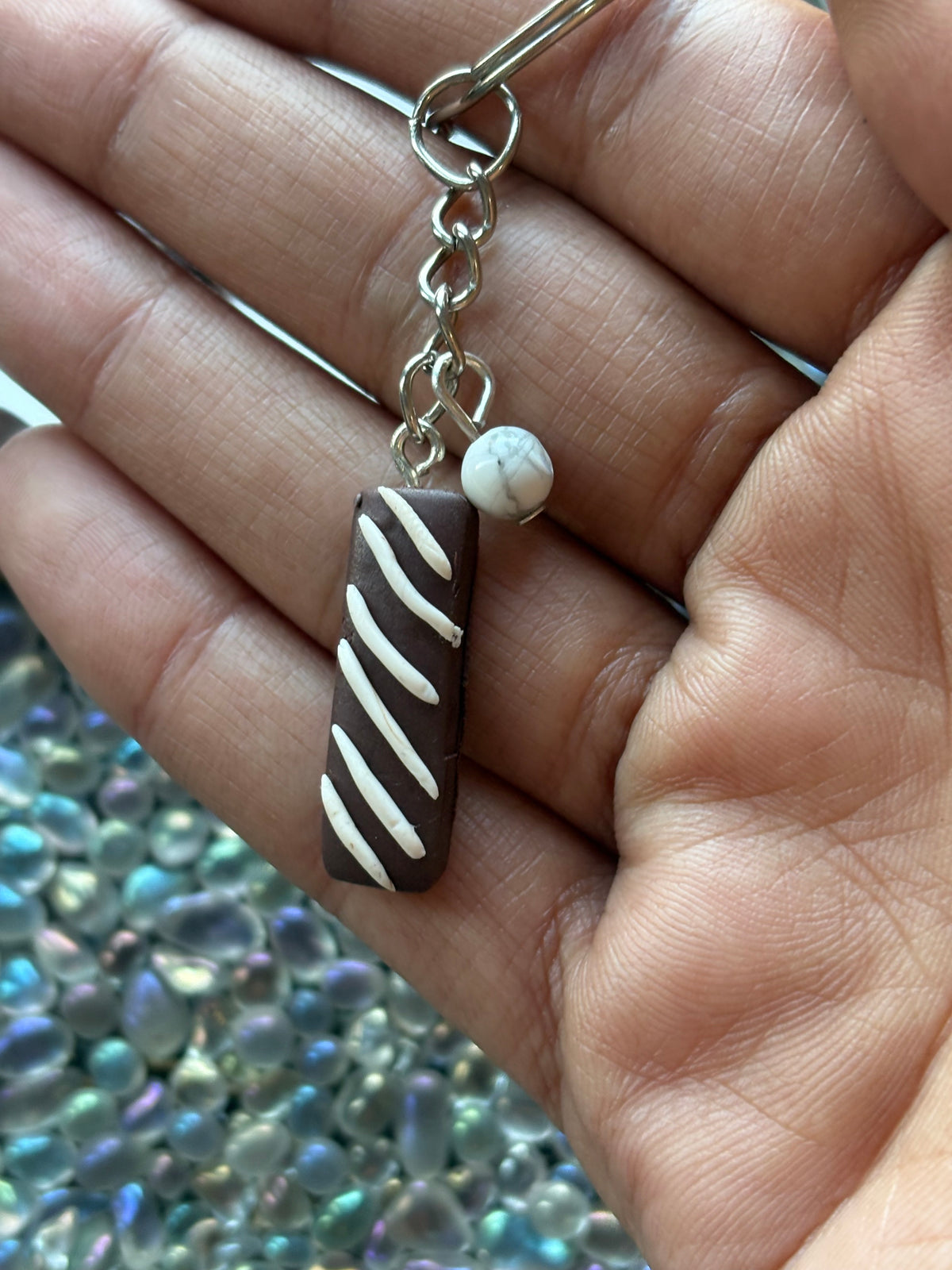 Chocolate Candy Bar Clay & Howlite Crystal Gemstone Keychain (Silver)