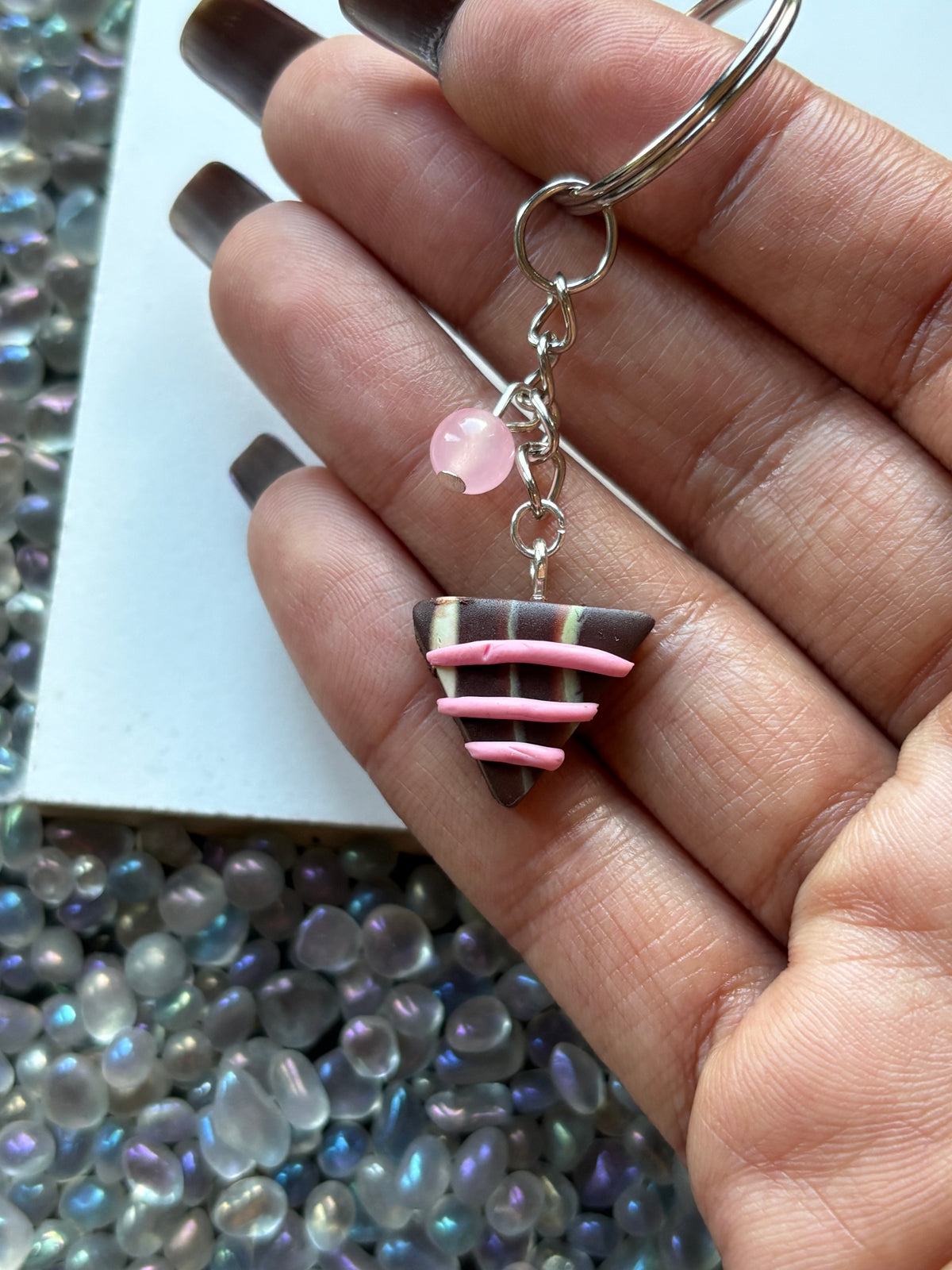 Chocolate Candy Triangle Clay & Pink Quartz Crystal Gemstone Keychain