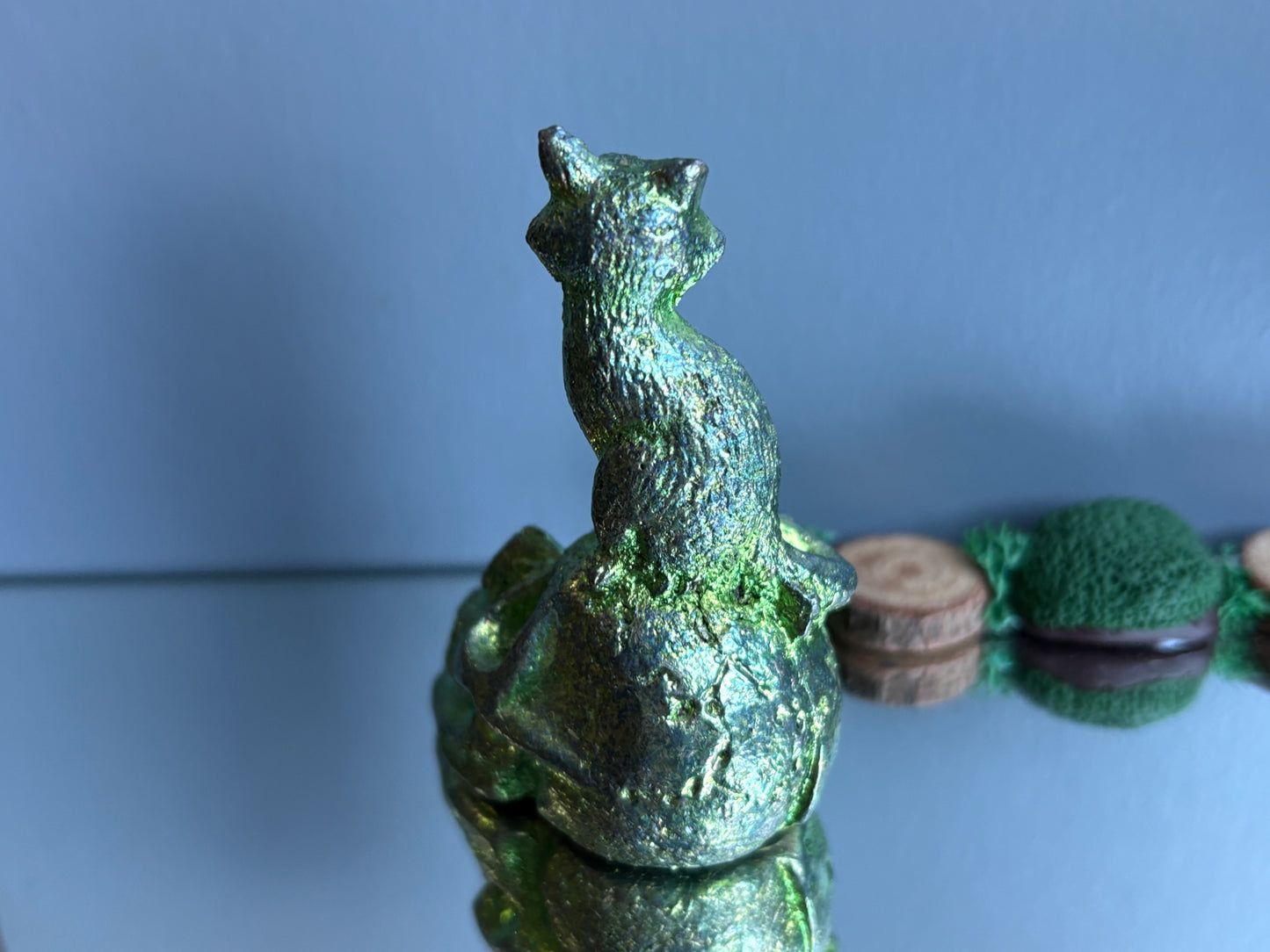 Green Bismuth Crystal Cat on Skull Metal Art Sculpture