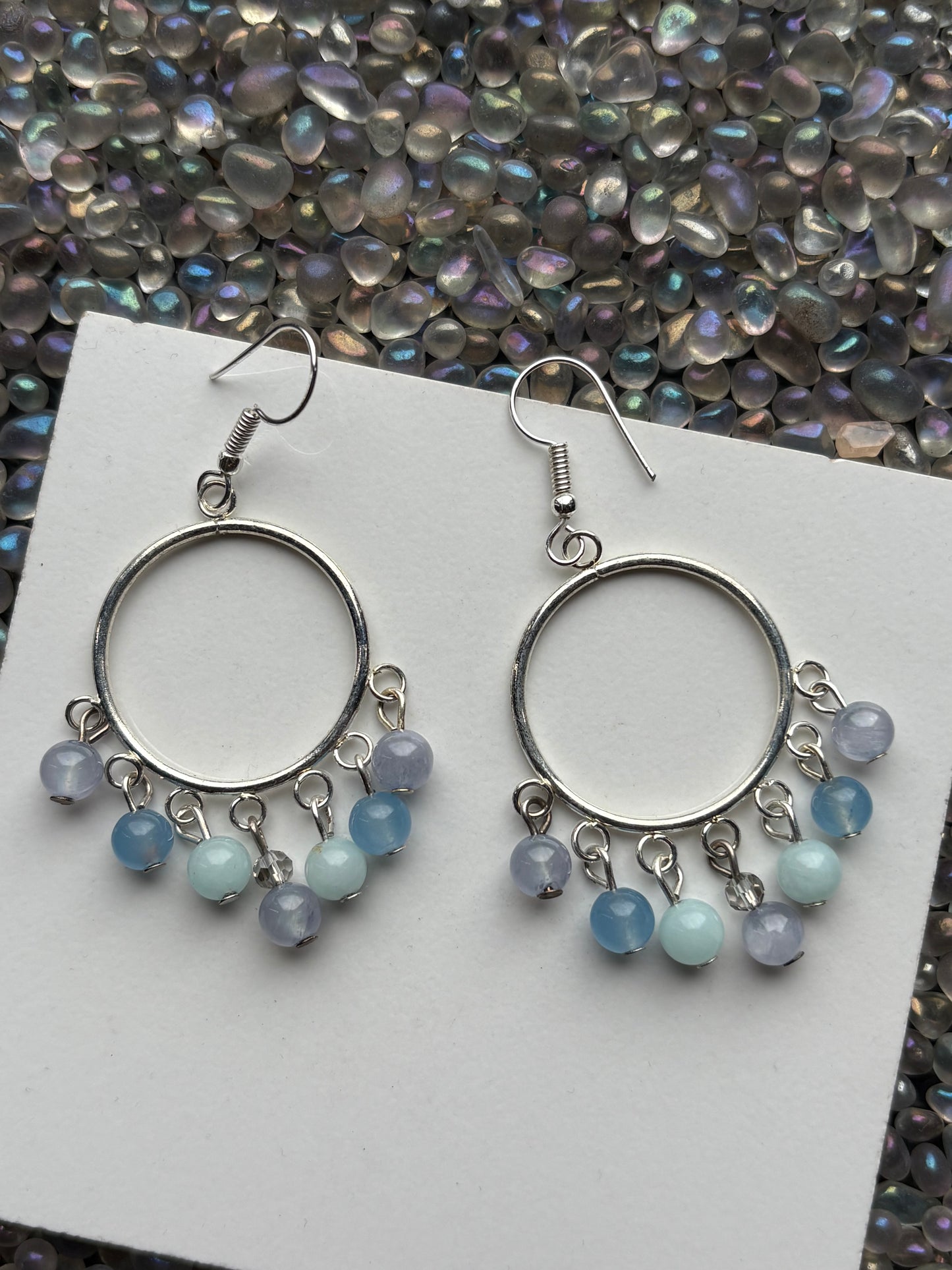 Pastel Quartz & Jade Gemstone silver hoop Chandelier Earrings