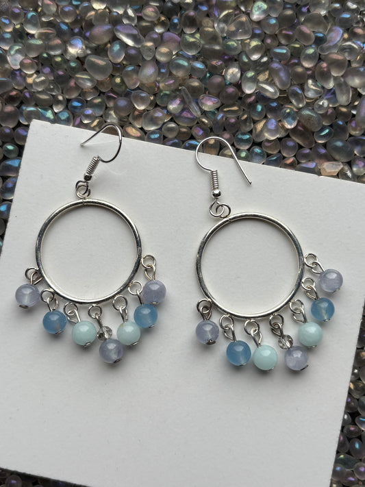 Pastel Quartz & Jade Gemstone silver hoop Chandelier Earrings