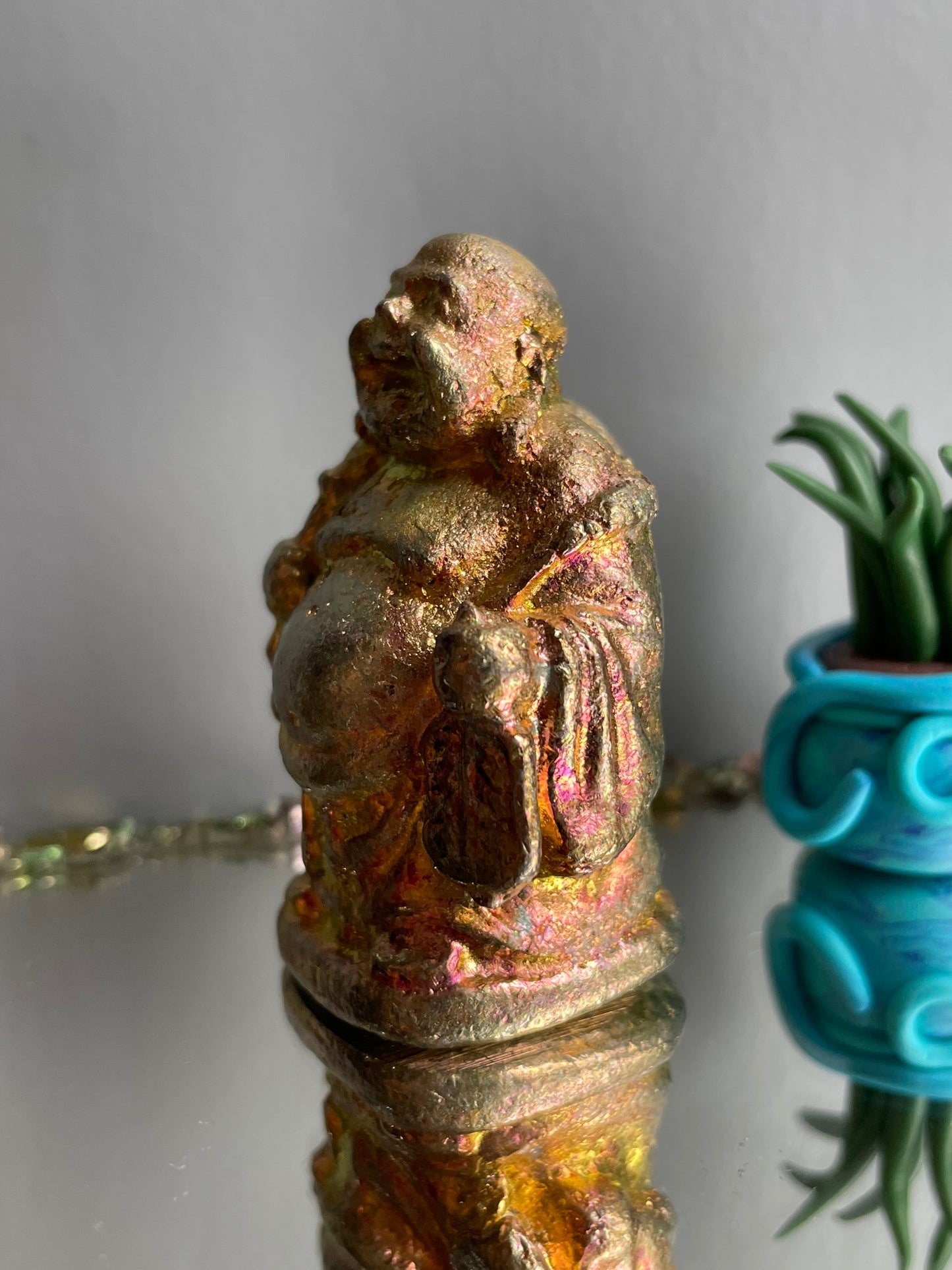 Gold Peach Bismuth Crystal Travelling Buddha Metal Art Sculpture