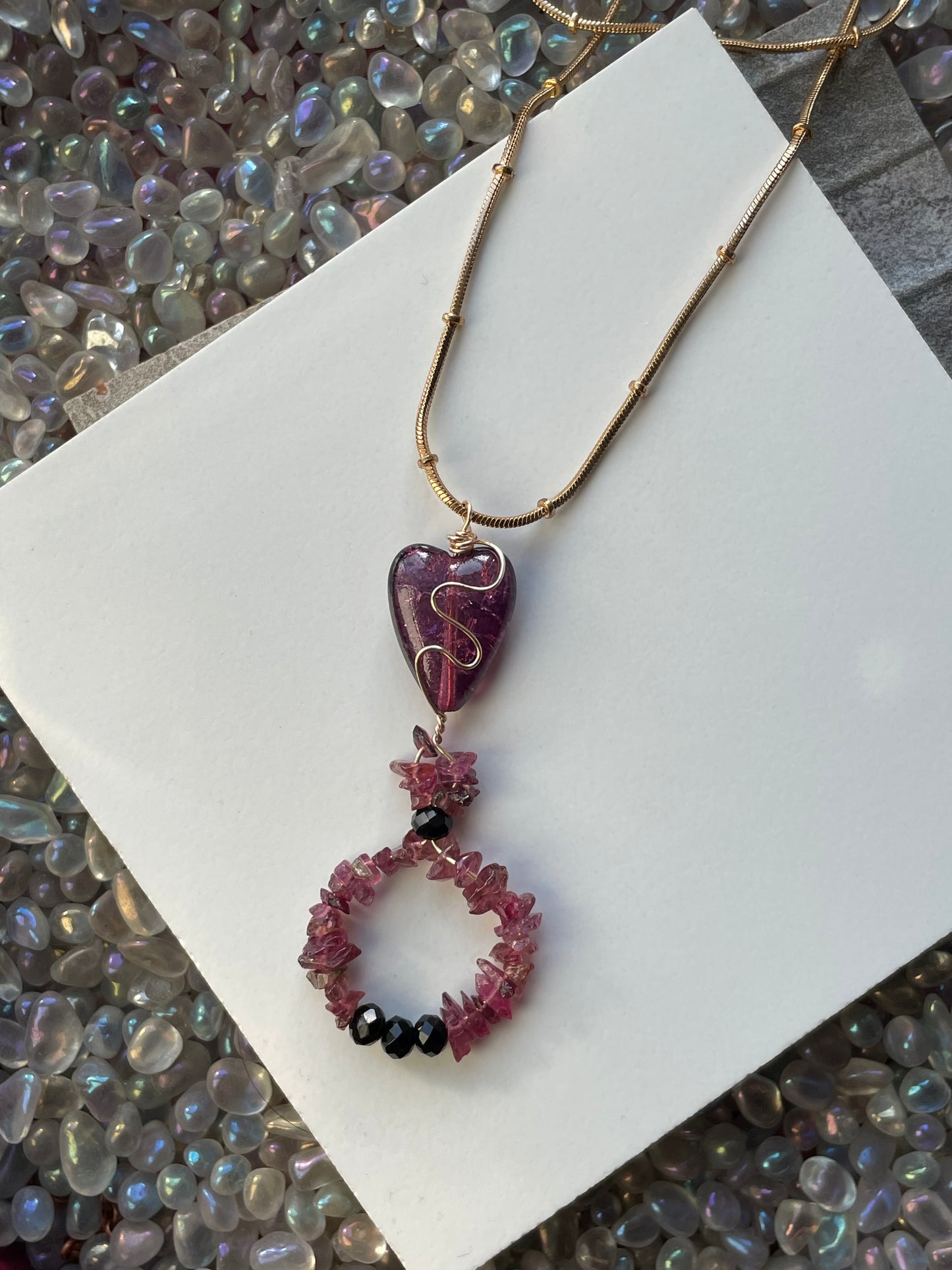 Pink Tourmaline Crystal Gemstone Rough Nugget Heart Necklace