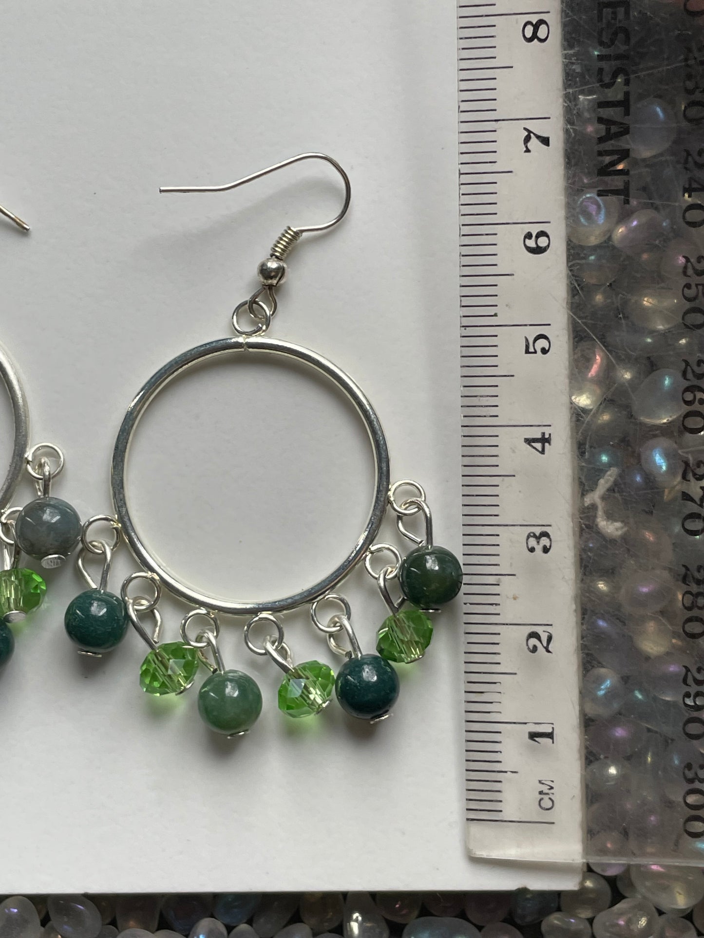 Indian Agate Gemstone & Green Crystal Beaded Hoop Chandelier Earrings