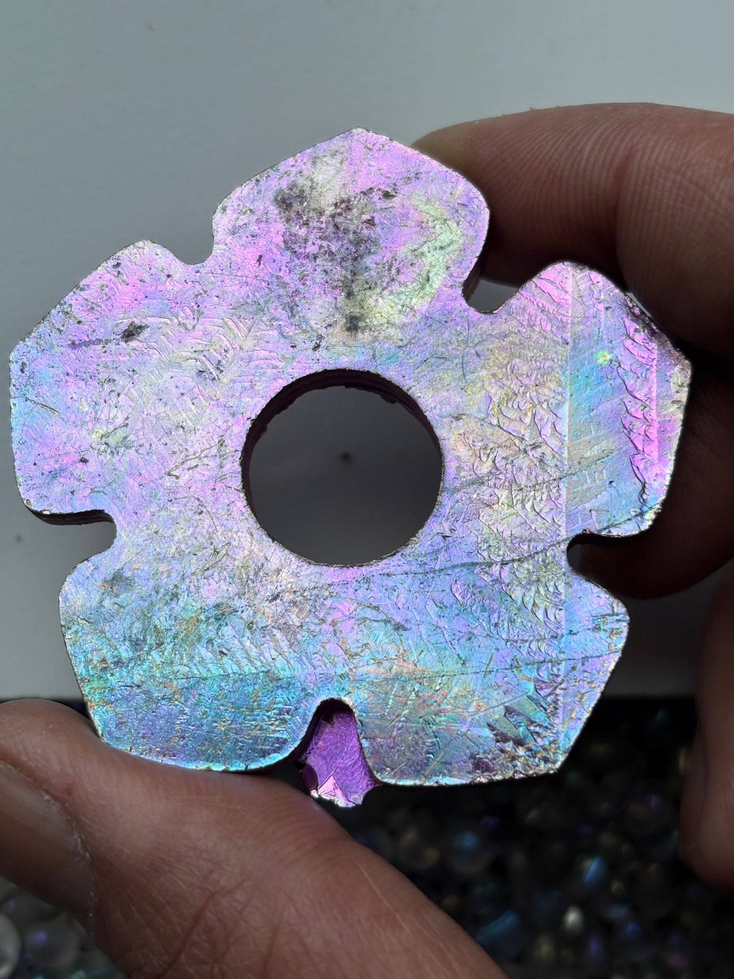 Purple Pink Bismuth Crystal Hippie Flower Slice Cut Out Sphere Holder