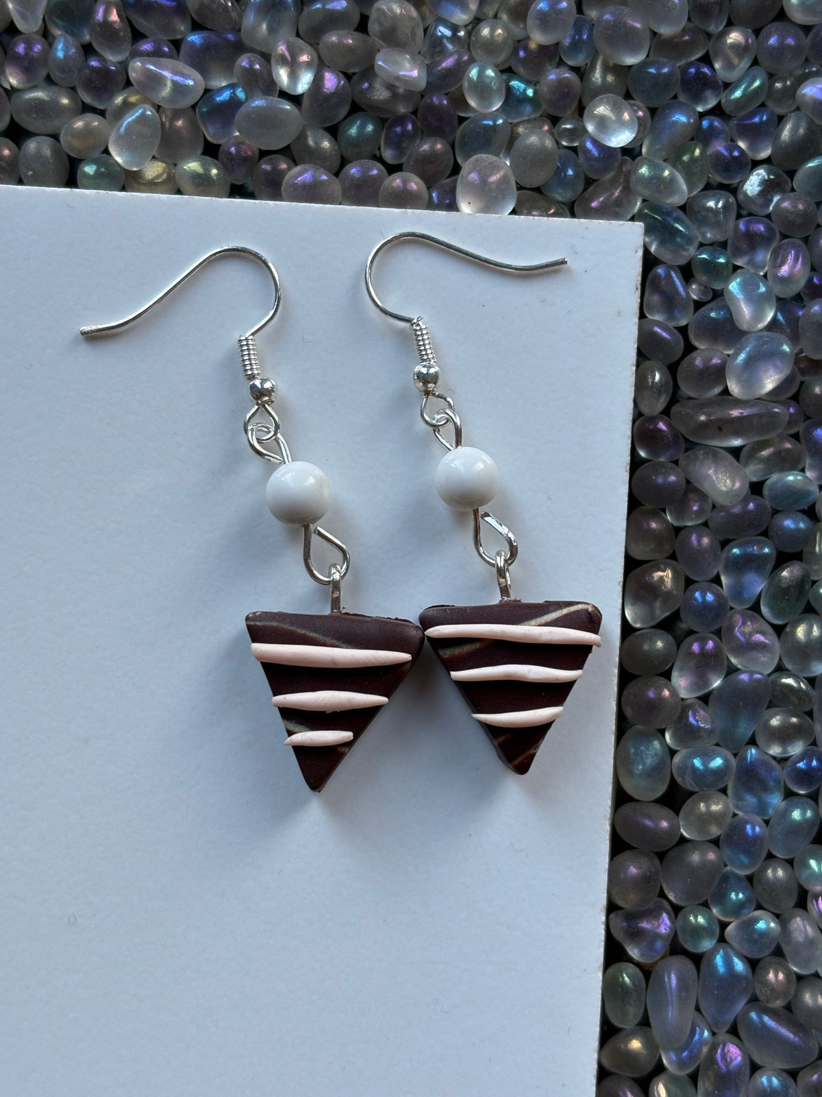 Chocolate Candy Triangle Clay & White Howlite Crystal Gemstone Silver Earrings