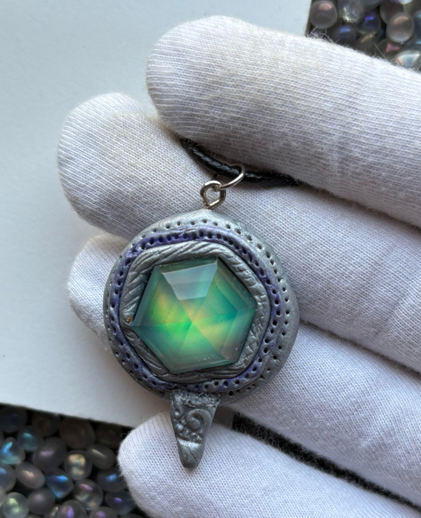 Aurora Opal Doublet Crystal Gemstone - Silver Lilac Hexagonal Dome - Necklace