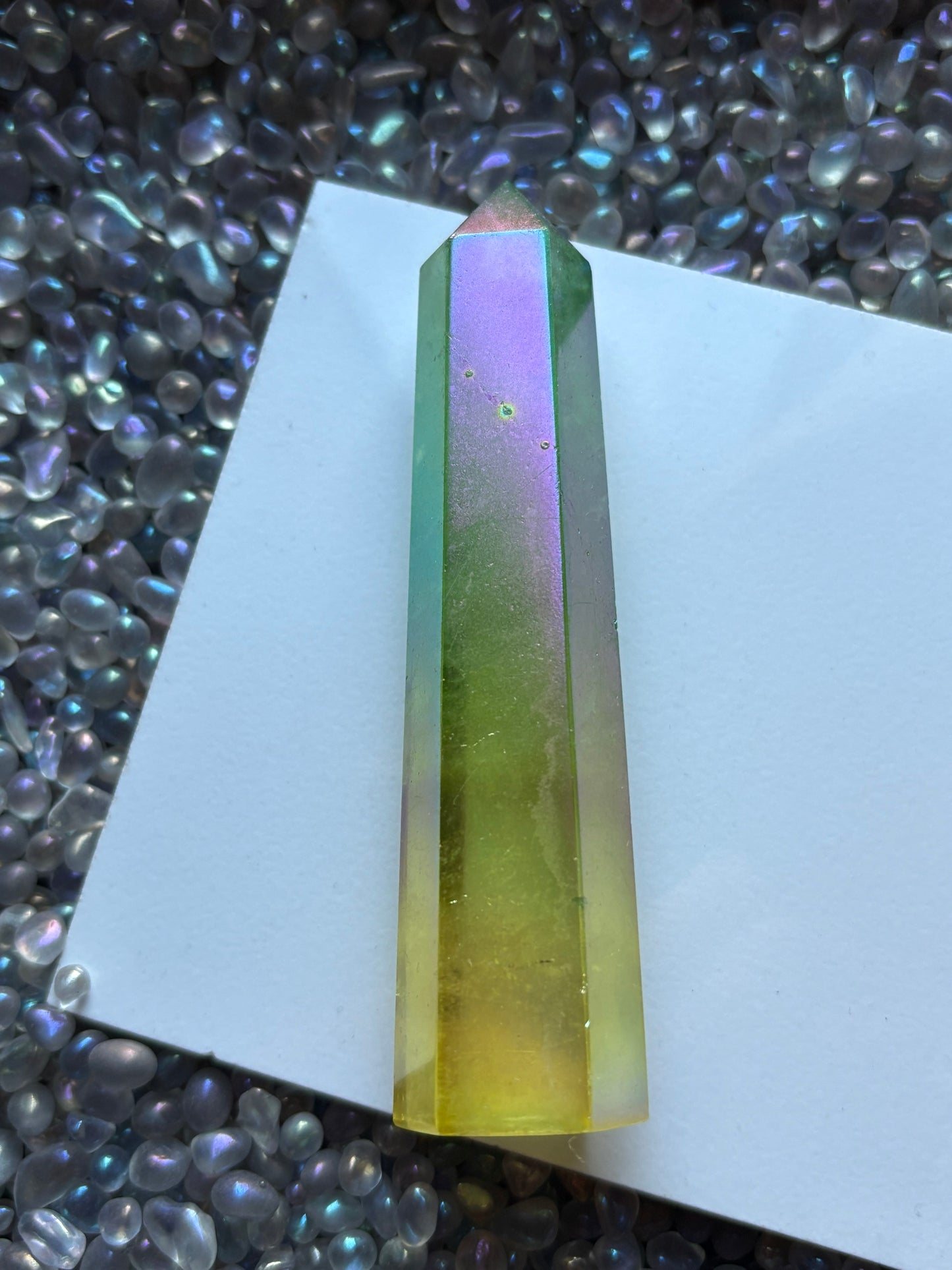 Yellow & Green Aura Quartz Crystal Gemstone Tower Point