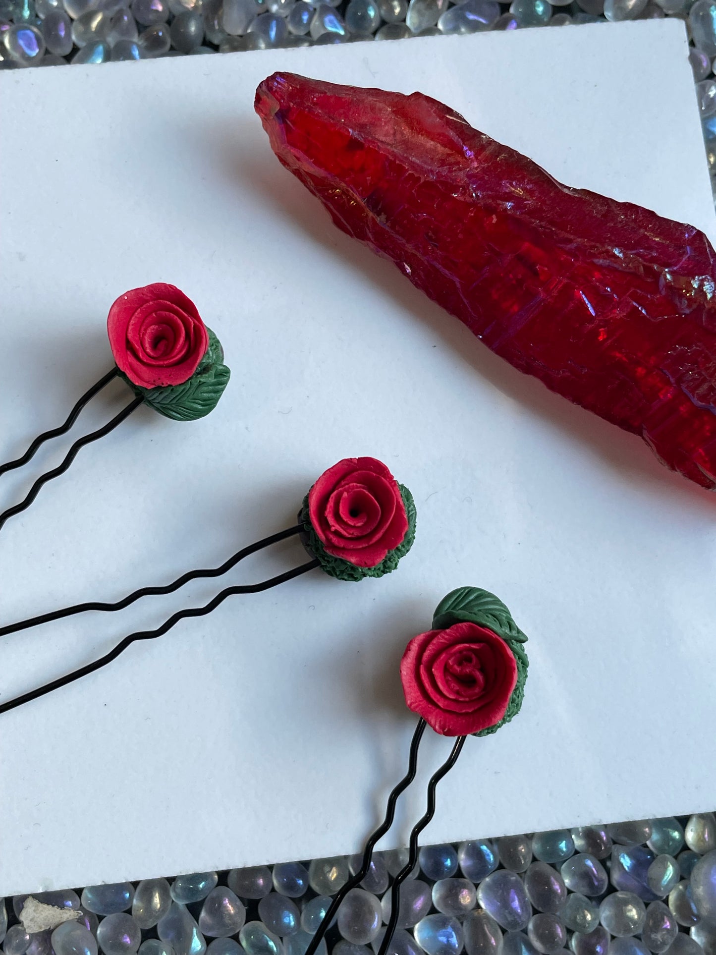 Enchanted Forest Rose Hair Pin Set - Red Glitter