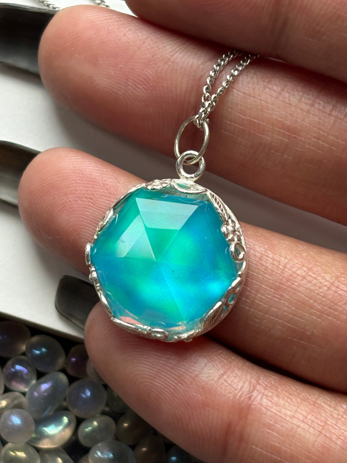 Aurora Opal Doublet Crystal Gemstone Hexagonal Leaf Bezel 925 Sterling Silver Necklace
