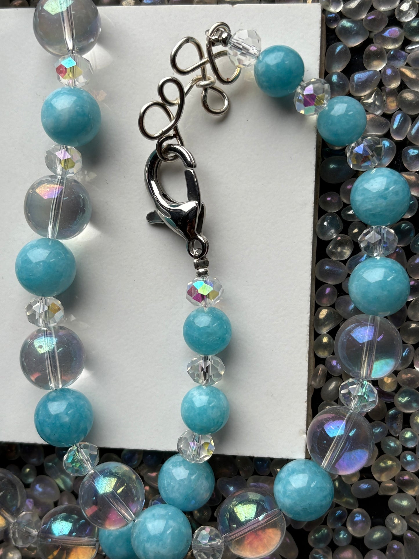 Blue Quartz Gemstone & Aura Coated Glass Crystal Beaded Silver Chunky Necklace