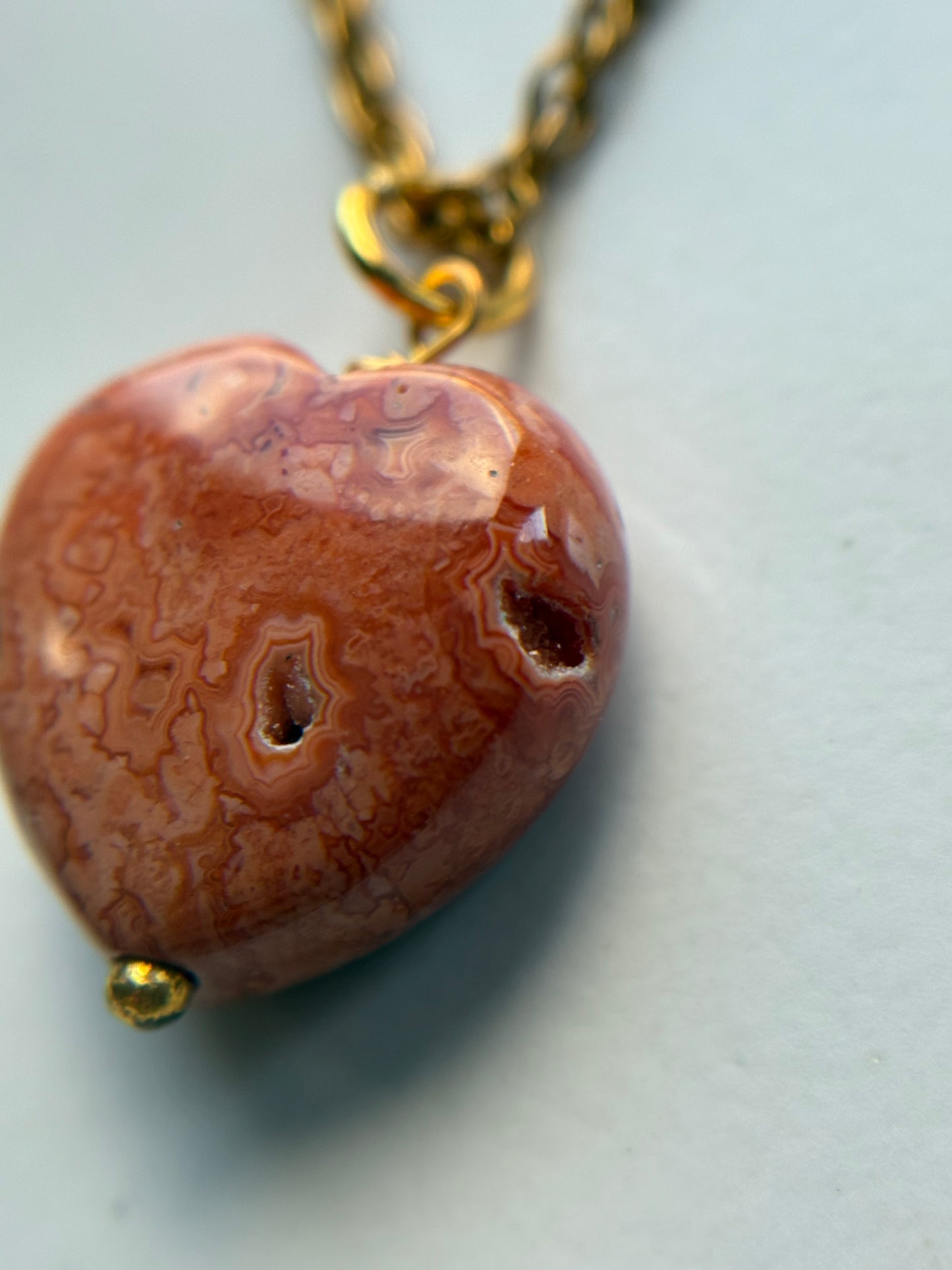 Orange Agate Druzy Coral Fossil Crystal Gemstone Heart Carving Necklace