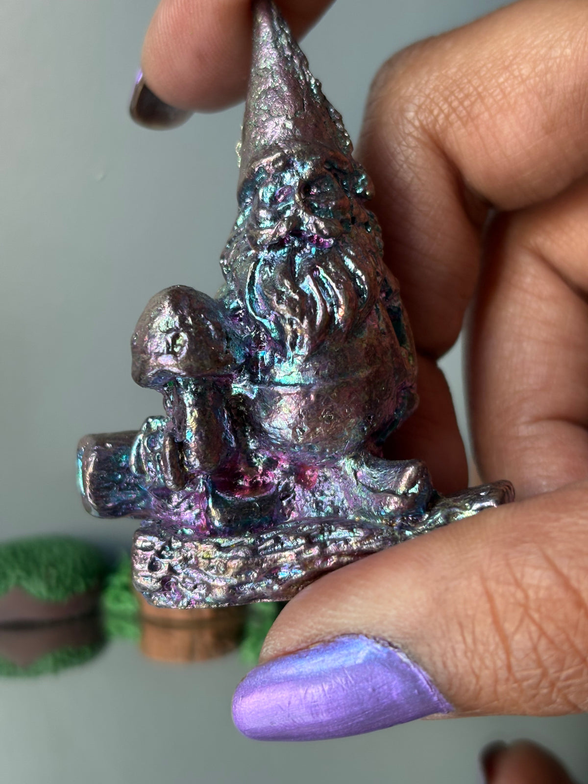 Purple Blue Bismuth Crystal Gnome Metal Art Sculpture