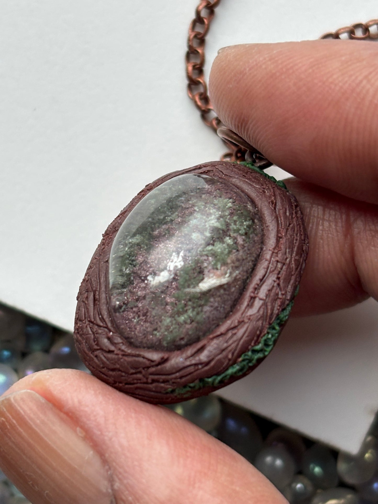 Rainbow Lodalite Garden Quartz Crystal Gemstone Oval Enchanted Forest Necklace (2)