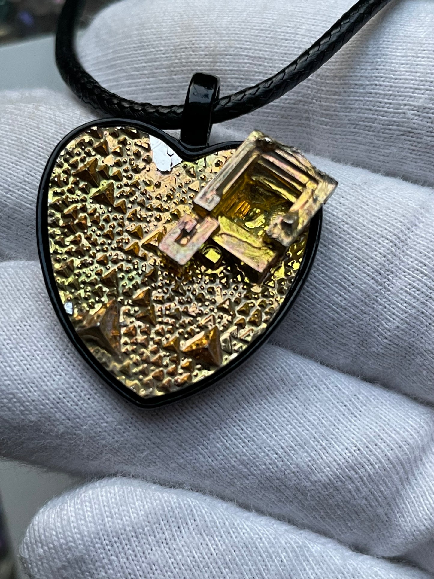 Gold Bismuth Heart Crystal Metal Art Cord Necklace