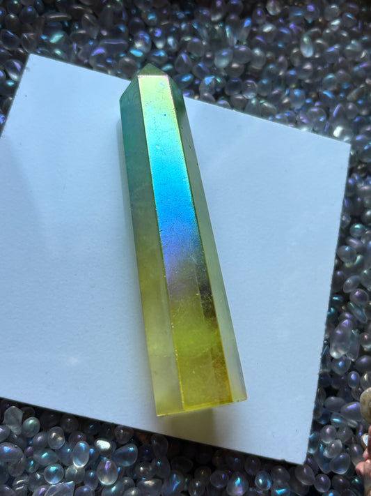 Yellow & Green Aura Quartz Crystal Gemstone Tower Point