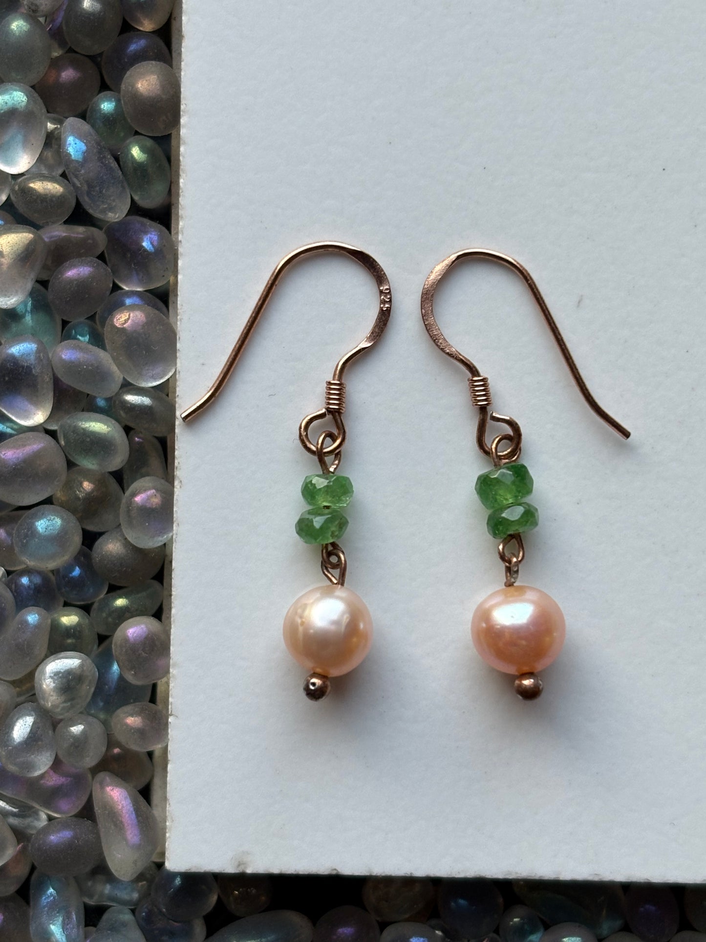 Tsavorite Green Garnet Peach Pearl Crystal Gemstone 18k Gold Sterling Silver Earrings (Certified)