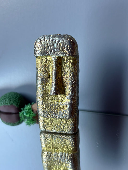 Gold Bismuth Crystal Moai Head Easter Island Metal Art Sculpture
