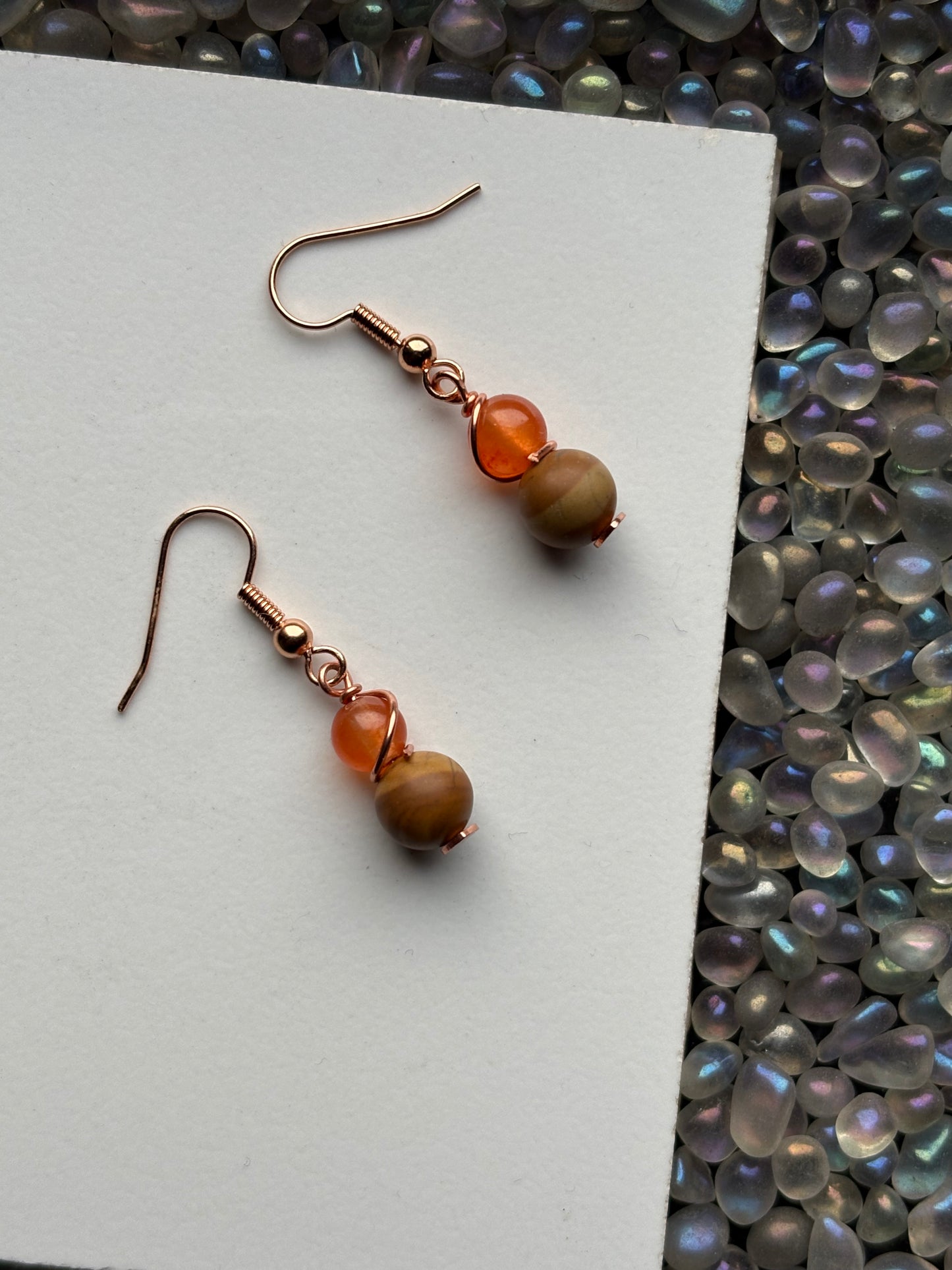 Orange Quartz Crystal Gemstone & Light Wood Rose gold Earrings