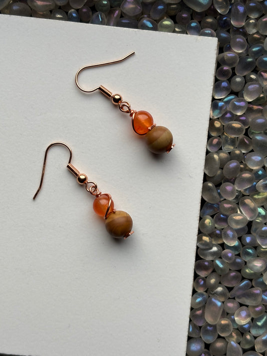Orange Quartz Crystal Gemstone & Light Wood Rose gold Earrings