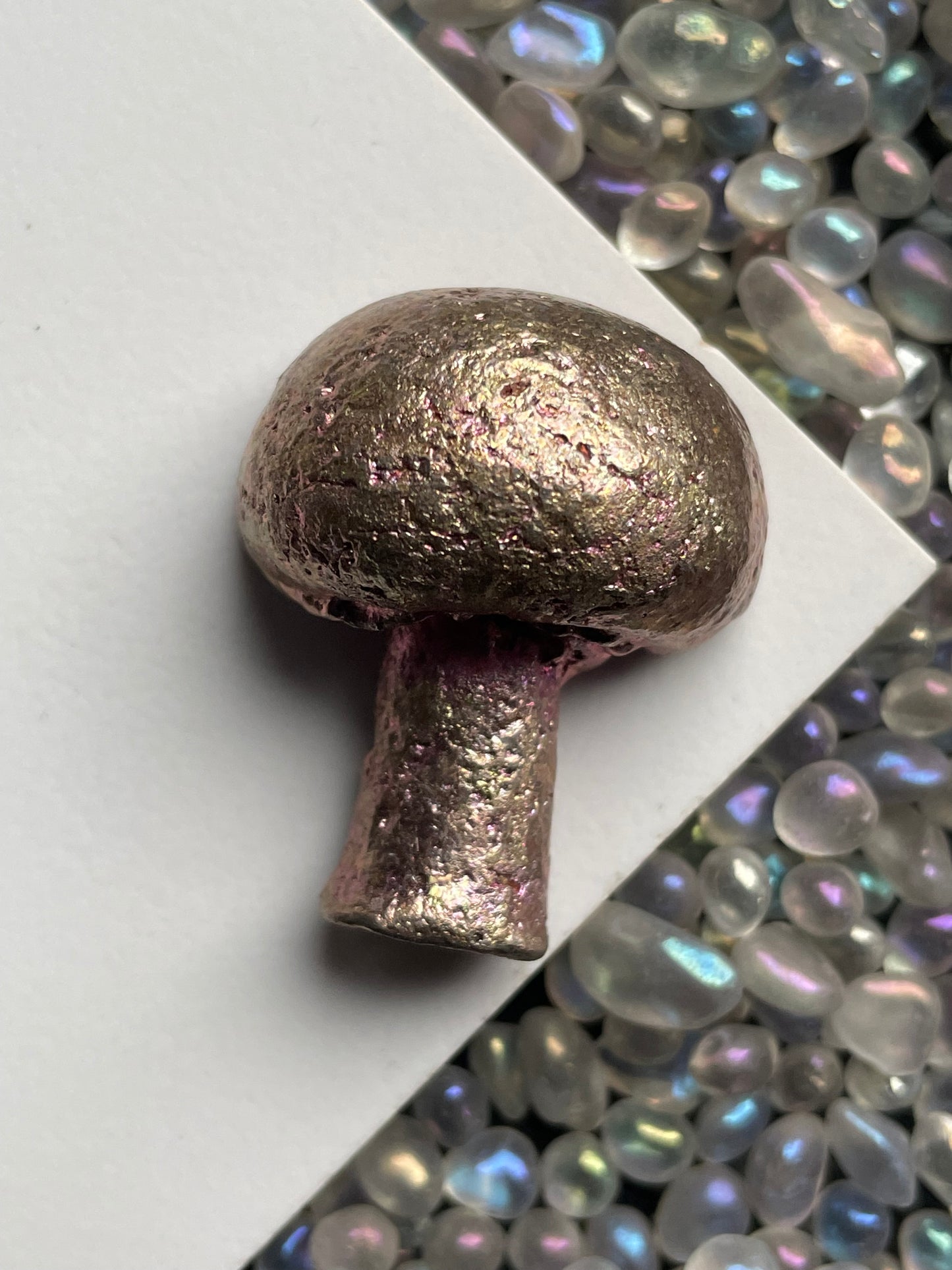Silver Pink Bismuth Crystal Mushroom Metal Art Sculpture