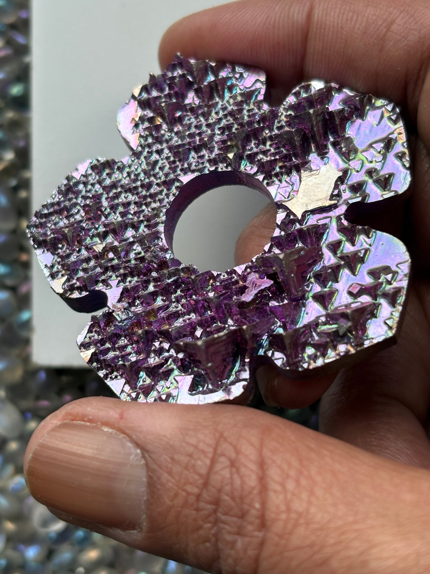 Purple Pink Bismuth Crystal Hippie Flower Slice Cut Out Sphere Holder