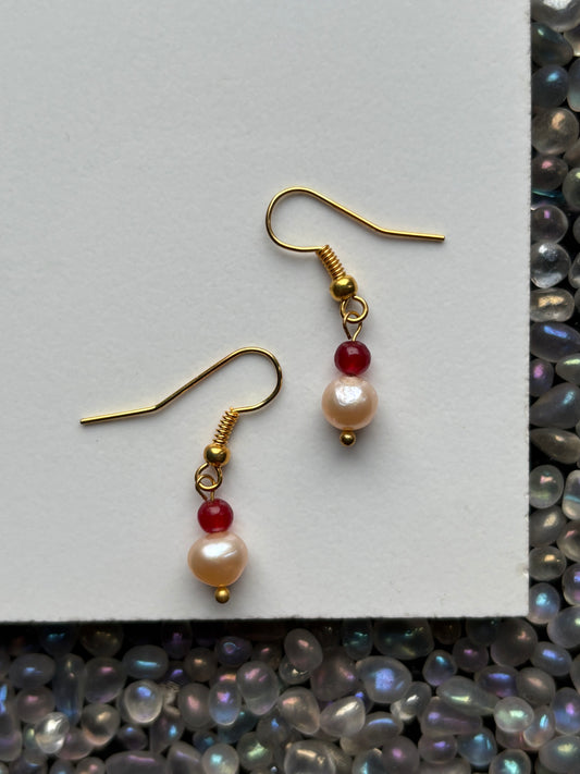 Peach Cultured Pearl & Red Jade Gemstone Crystal Drop Gold Earrings (Certified)