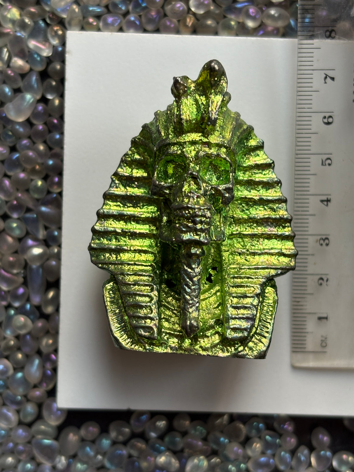 Green Bismuth Crystal King Tutankhamen Skull Metal Art Sculpture