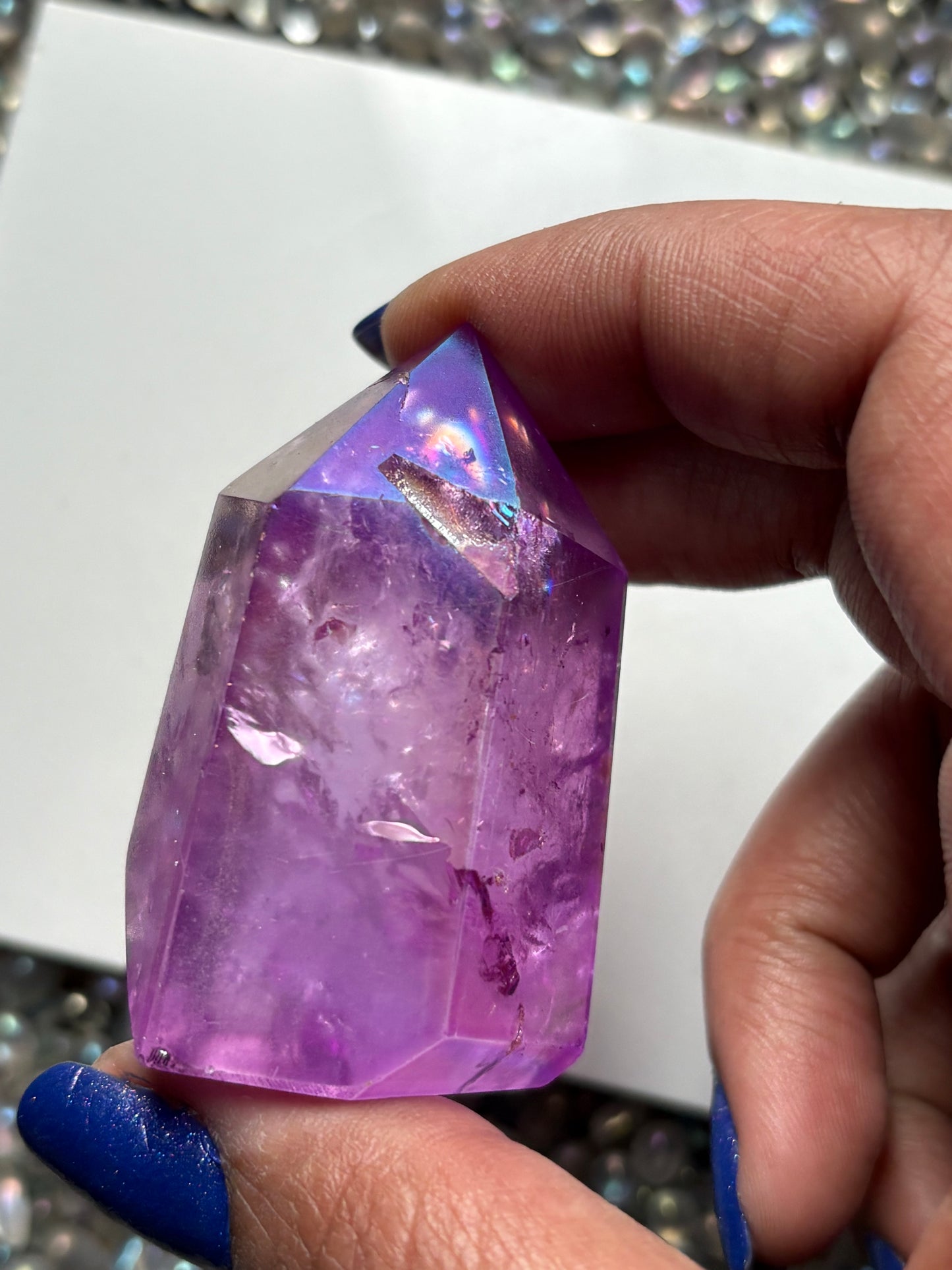 Purple Aura Quartz Crystal Gemstone Tower Point (B)