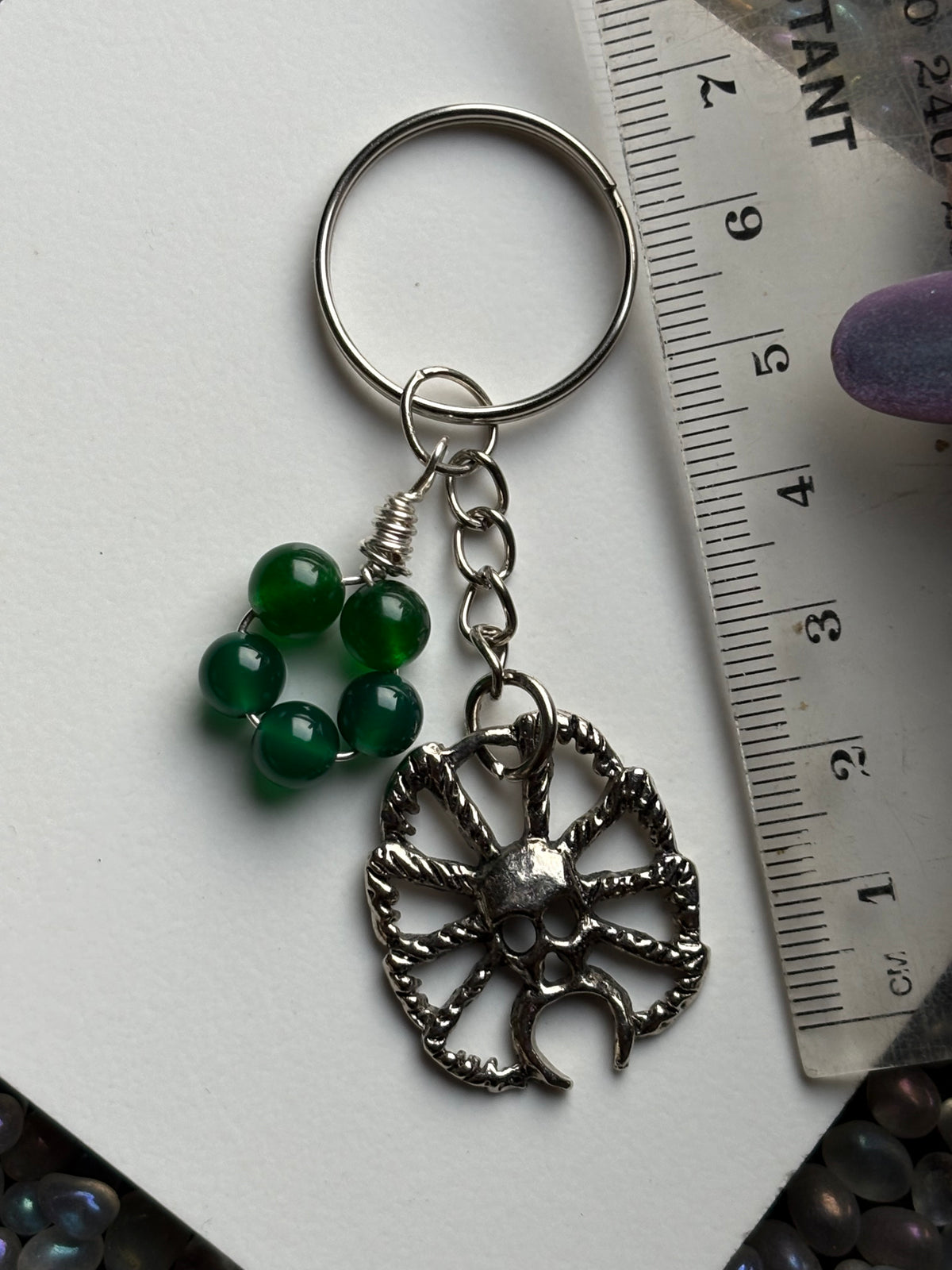 Green Quartz Crystal Gemstone Spider Silver Keychain