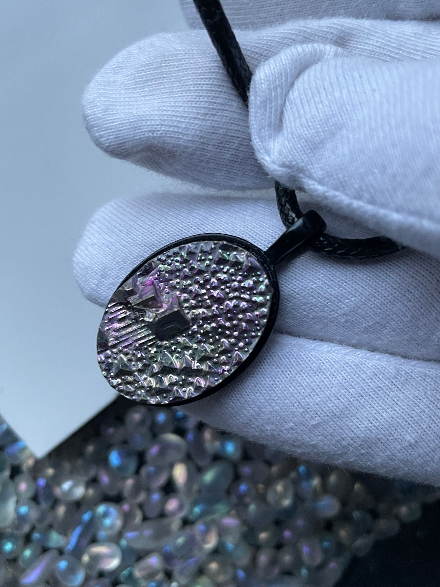 Purple Bismuth Crystal Metal Art Cord Necklace MINI OVAL