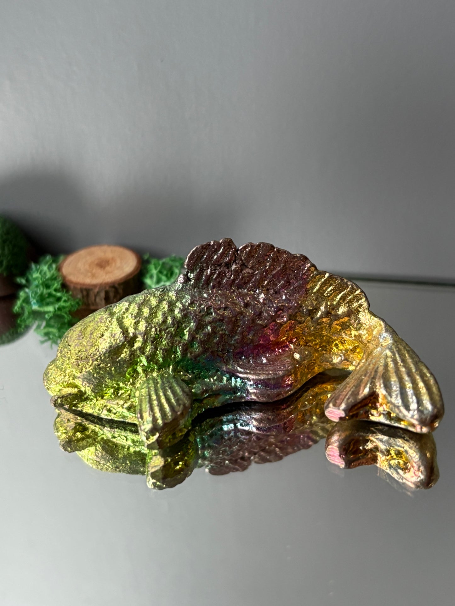 Rainbow Bismuth Crystal Small Kio Fish Metal Art Sculpture