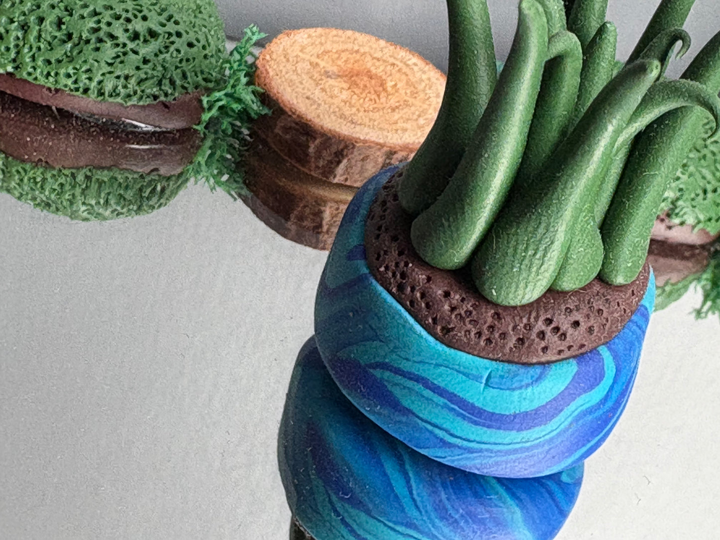 Grassy Potted Plant Clay Sphere Mini Holder - Blue (1)