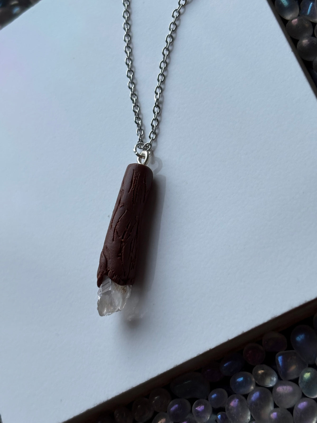 Scottish Quartz Crystal Gemstone Clay Wooden Wand Necklace (1)