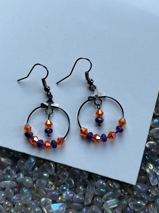 Purple Quartzite Gemstone & Orange Swarovski Crystal Hoop Black Earrings